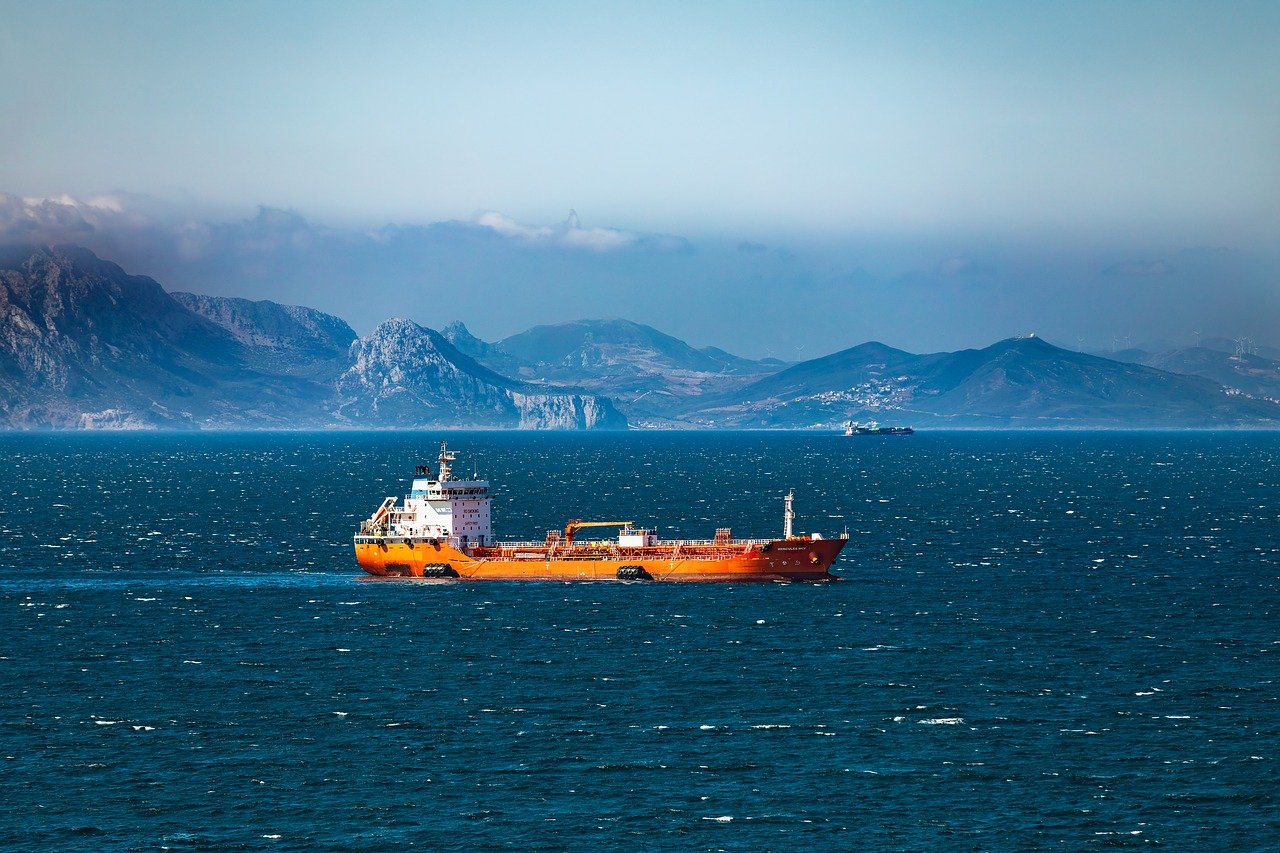 ship, sea, water, sight, transport, cargo ship, tanker, oil, nature, mountains, gibraltar, coastline, strait